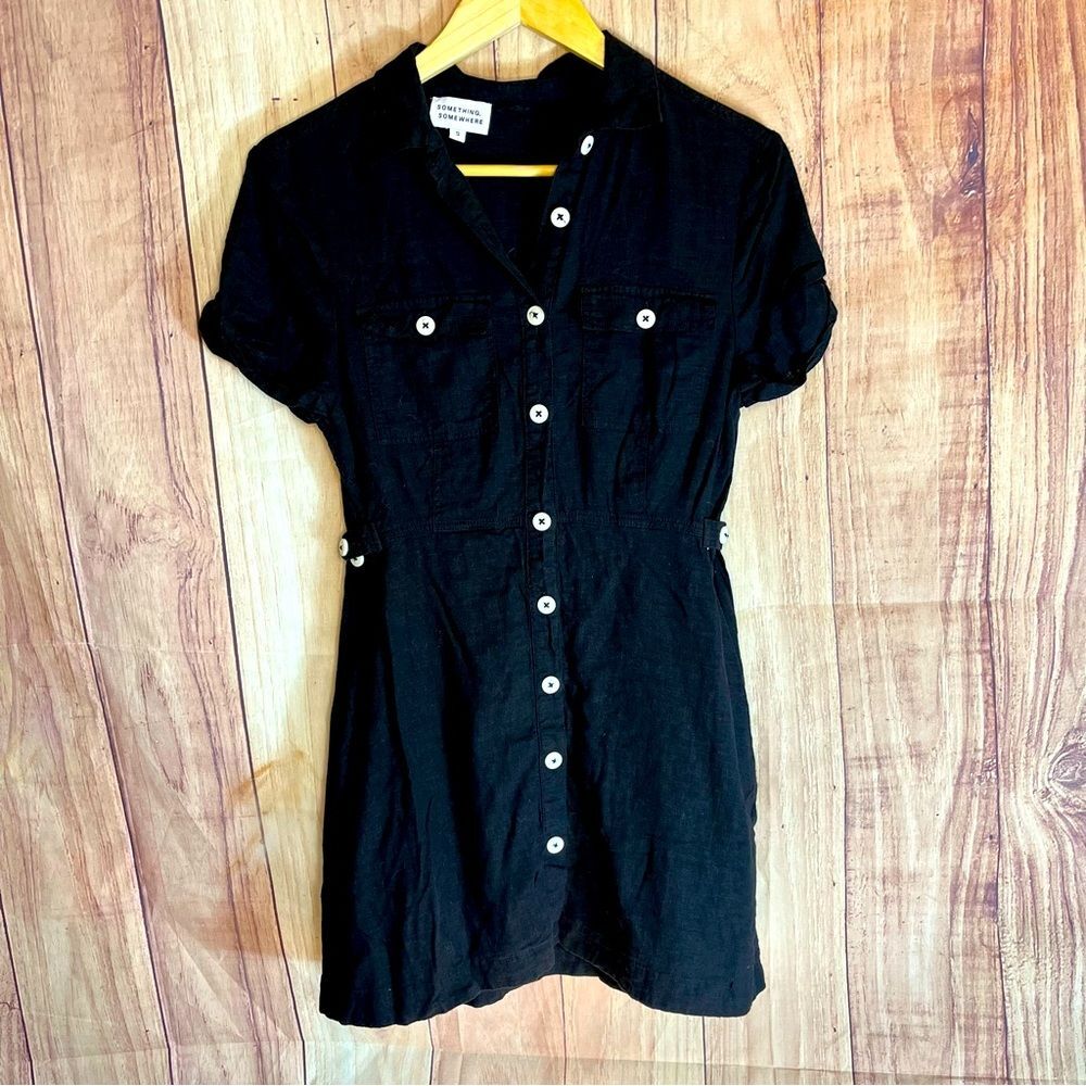 Something Somewhere Women’s 100% Linen Black Button up Dress Adjustable Waist